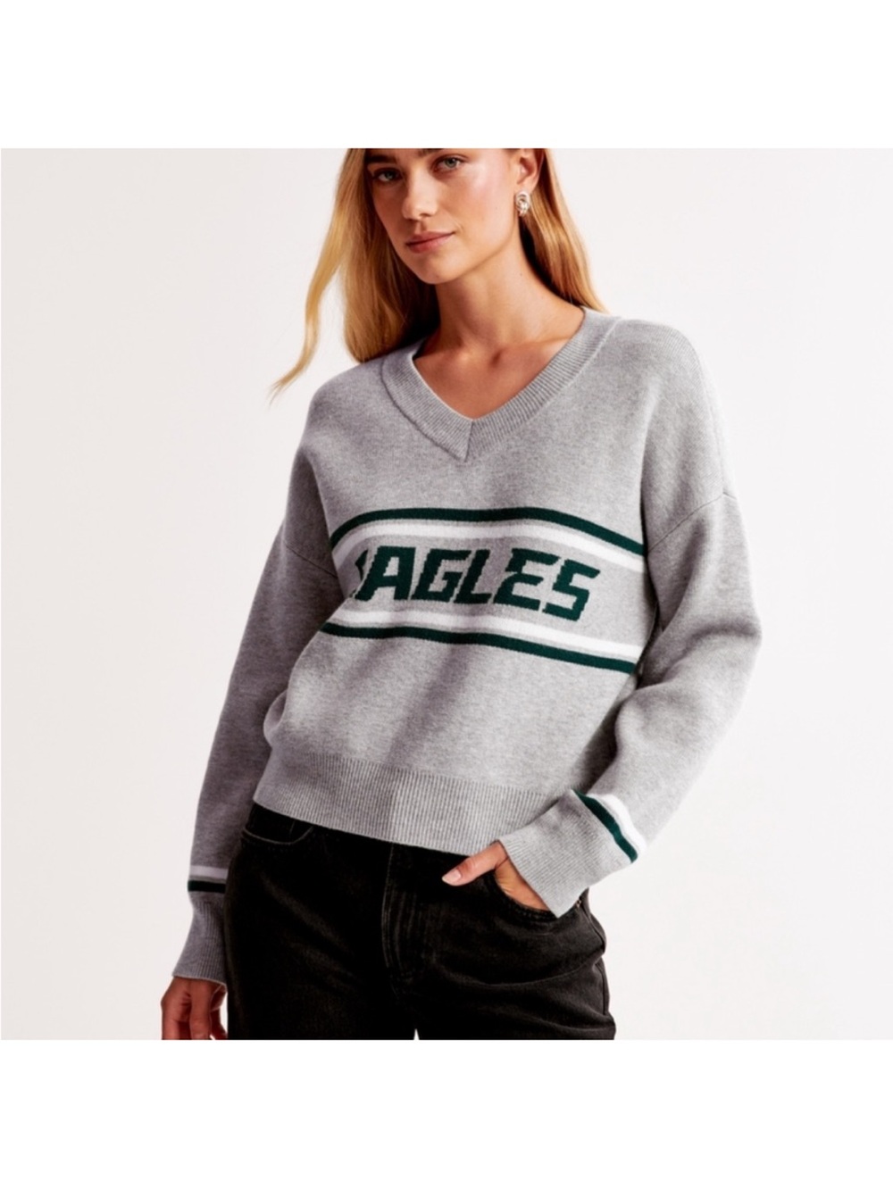 Abercrombie & Fitch Gray V-Neck Sweater with Green 'EAGLES' Logo